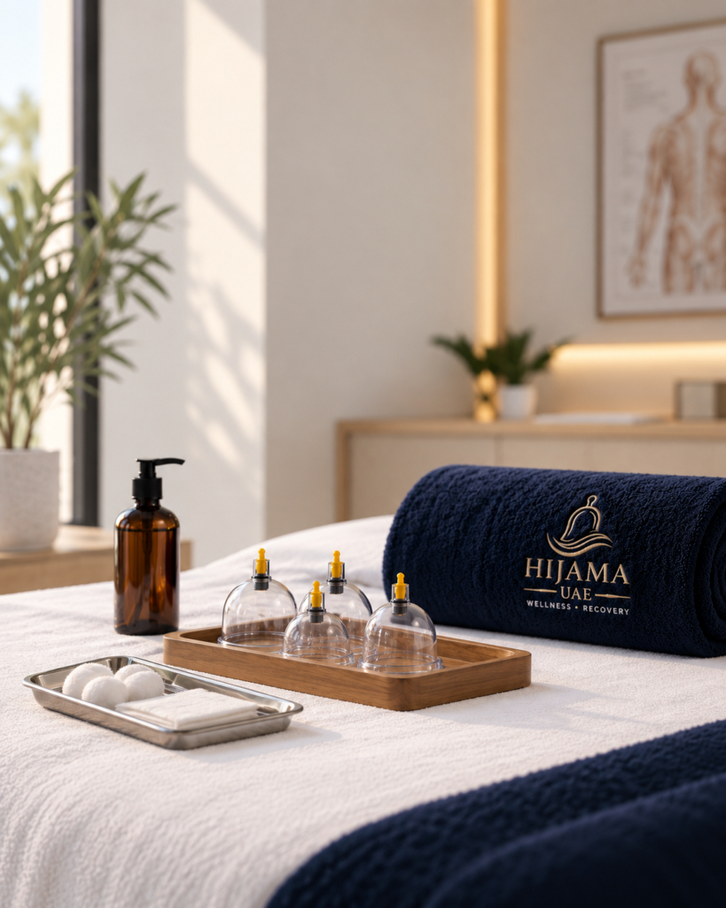 Hijama treatment room with cupping equipment at Hijama UAE