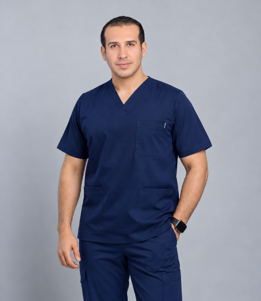professional portrait in navy medical scrubs